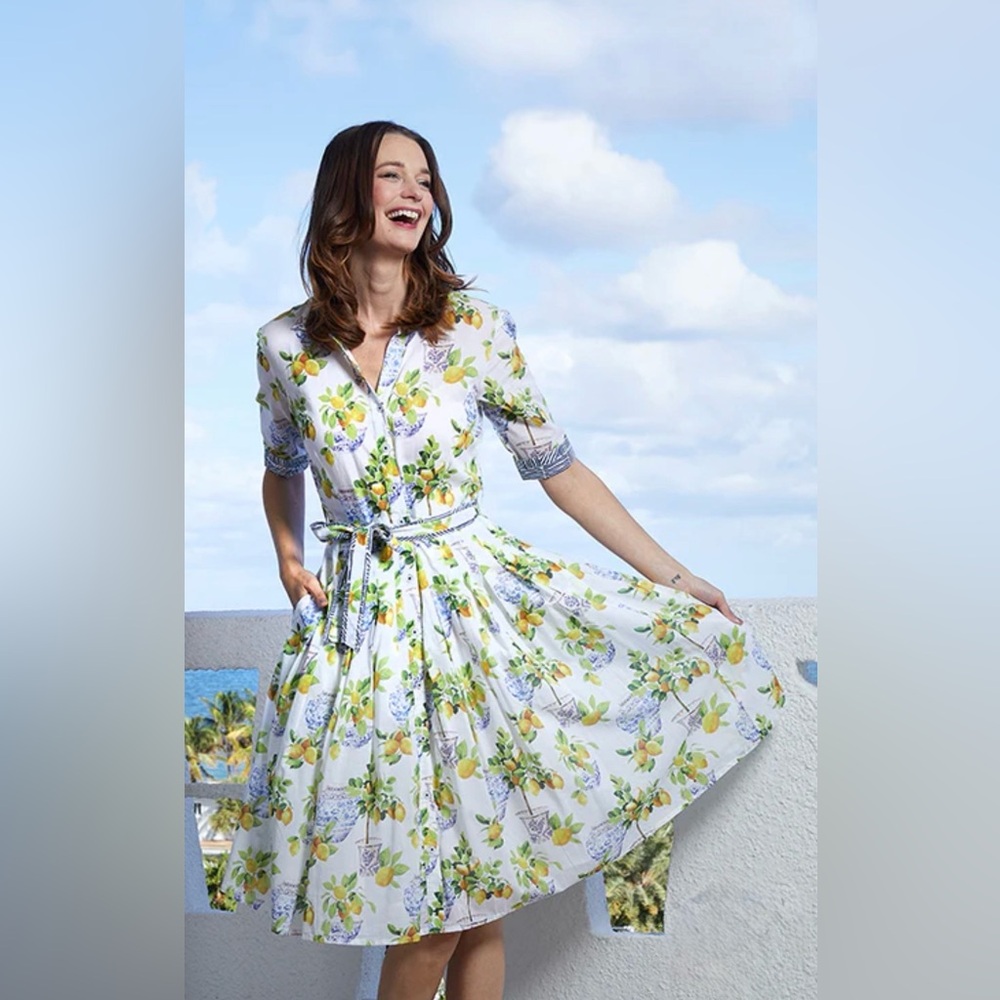 White Lemon-Print Midi Shirtdress with Self-Tie Belt